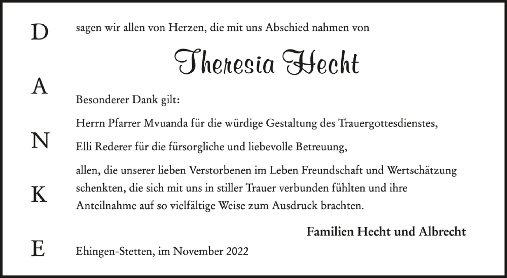  Traueranzeige für Theresia Hecht vom 19.11.2022 aus Schwäbische Zeitung