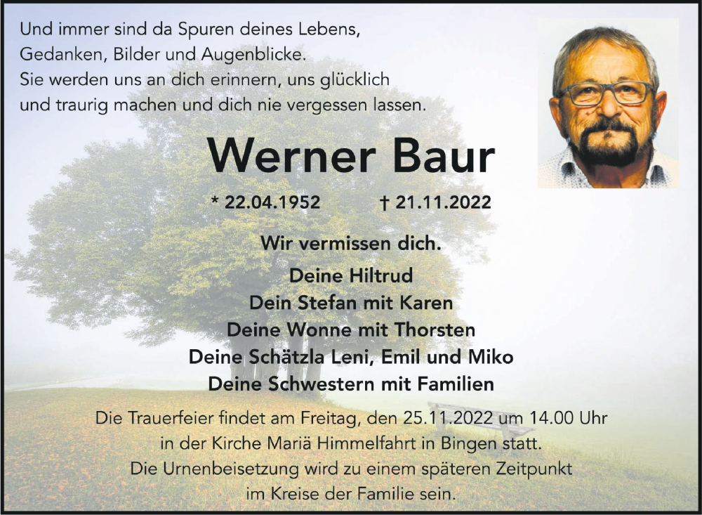  Traueranzeige für Werner Baur vom 23.11.2022 aus Schwäbische Zeitung