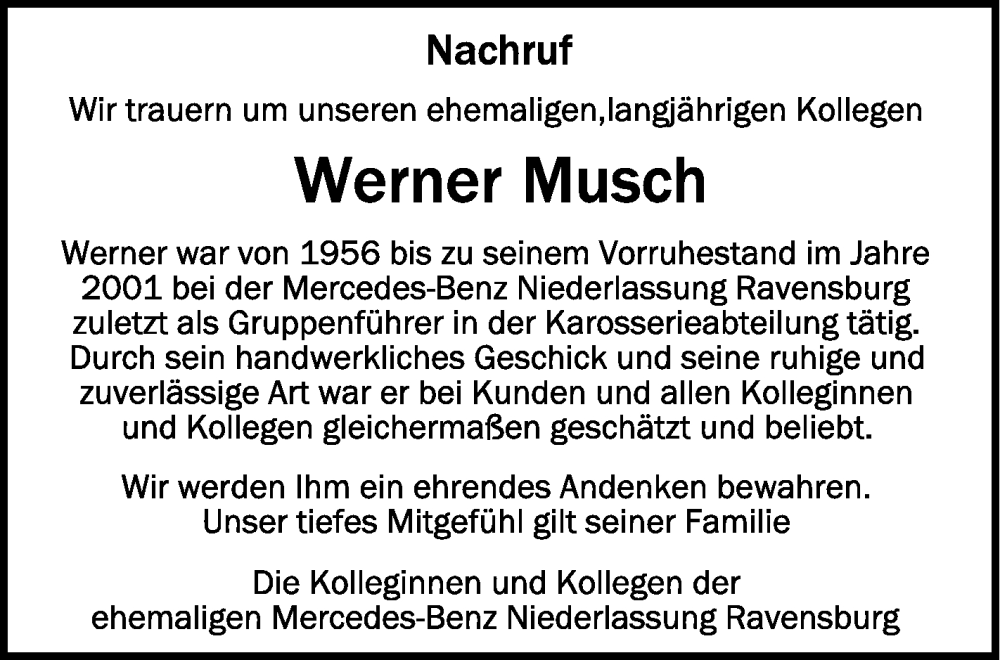  Traueranzeige für Werner Musch vom 23.11.2022 aus Schwäbische Zeitung