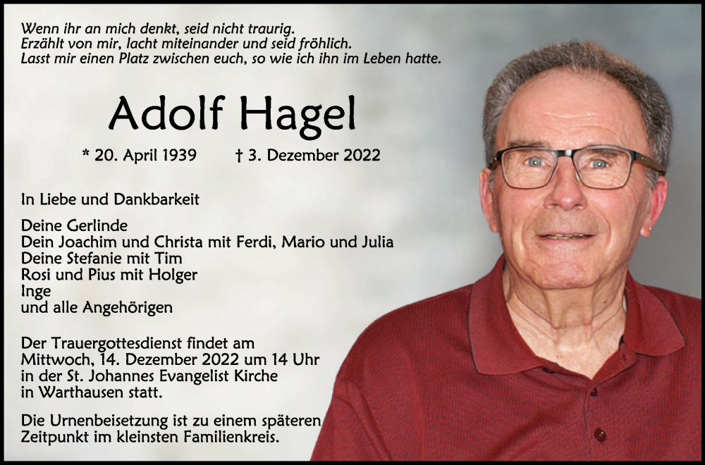  Traueranzeige für Adolf Hagel vom 10.12.2022 aus Schwäbische Zeitung