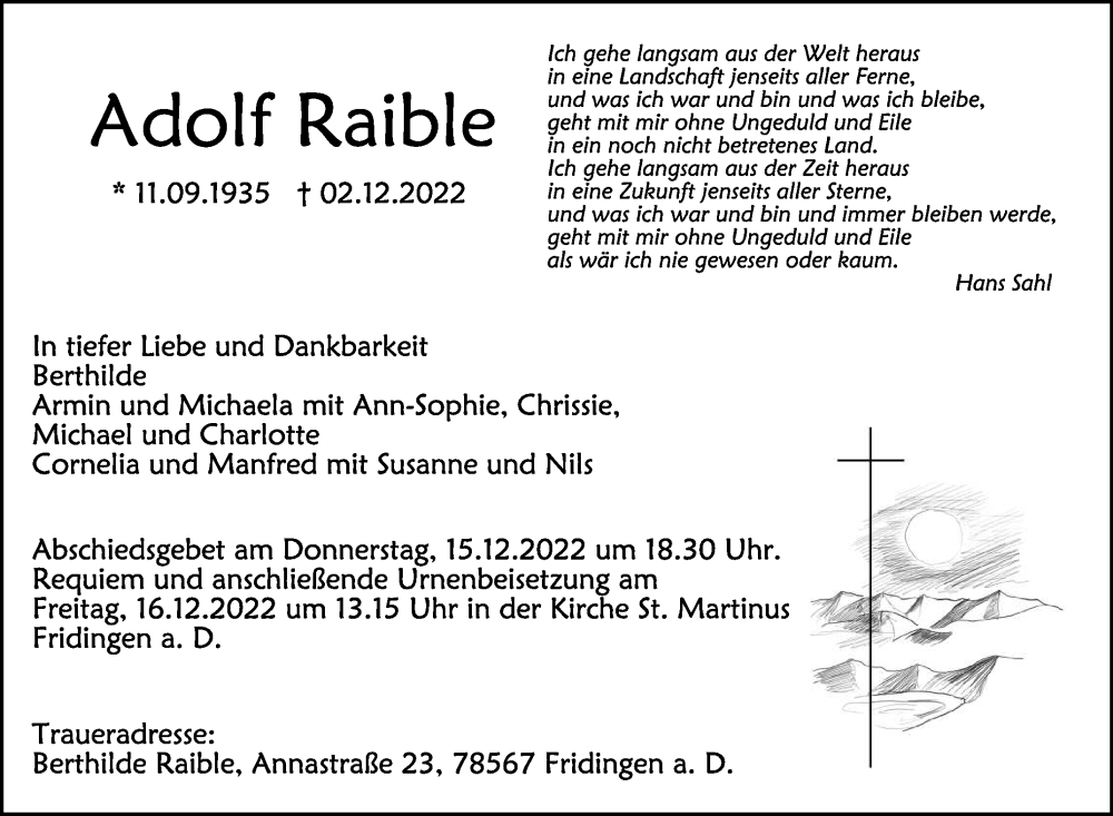  Traueranzeige für Adolf Raible vom 10.12.2022 aus Schwäbische Zeitung