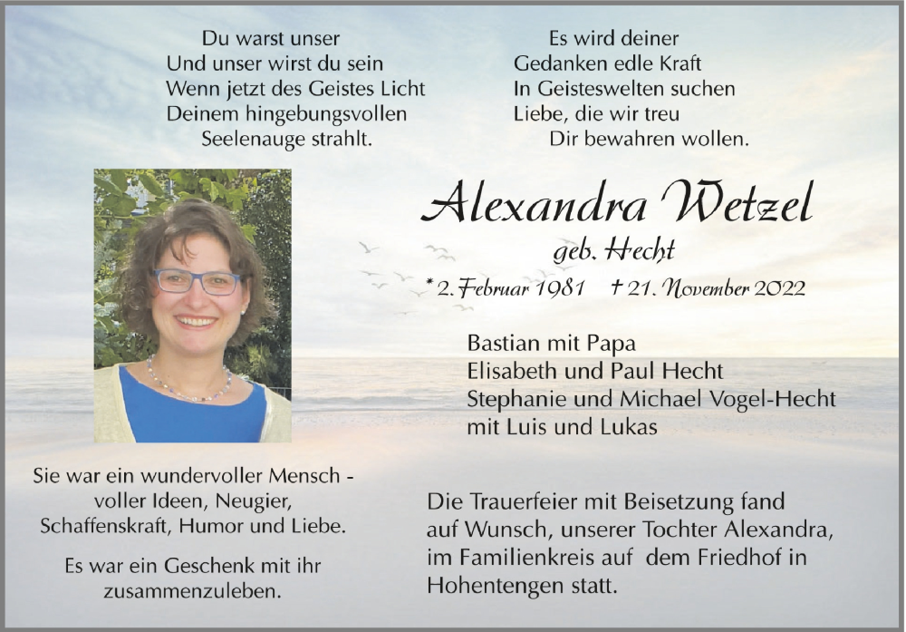  Traueranzeige für Alexandra Wetzel vom 01.12.2022 aus Schwäbische Zeitung