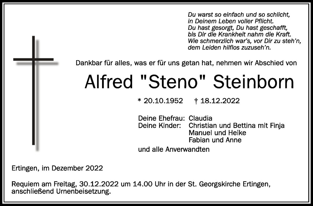  Traueranzeige für Alfred Steinborn vom 27.12.2022 aus Schwäbische Zeitung