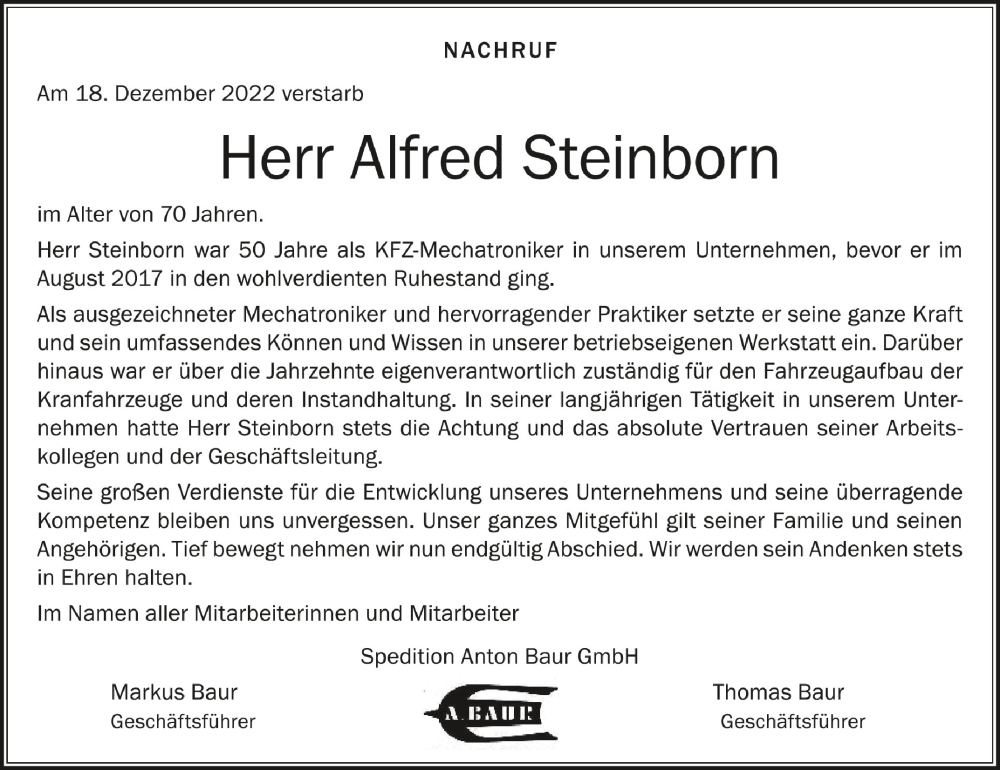  Traueranzeige für Alfred Steinborn vom 28.12.2022 aus Schwäbische Zeitung