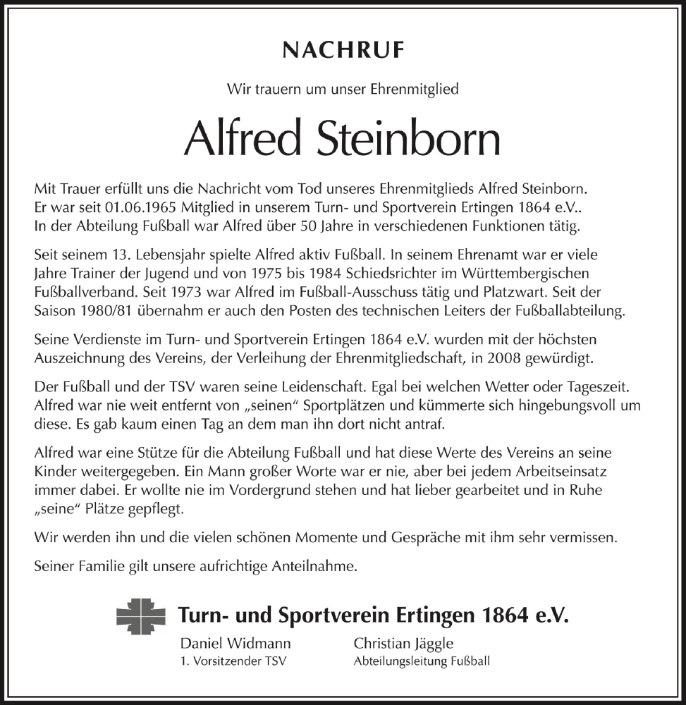  Traueranzeige für Alfred Steinborn vom 28.12.2022 aus Schwäbische Zeitung