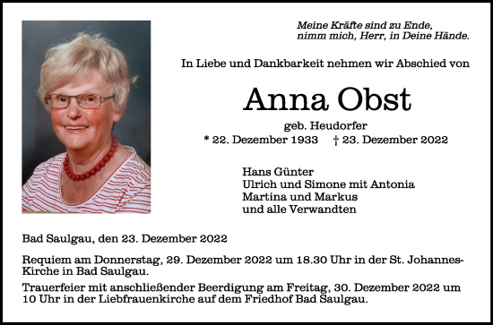 Anzeige von Anna Obst von Schwäbische Zeitung