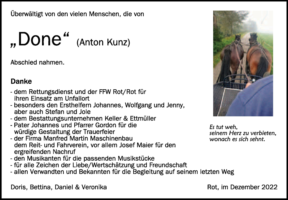  Traueranzeige für Anton Kunz vom 03.12.2022 aus Schwäbische Zeitung