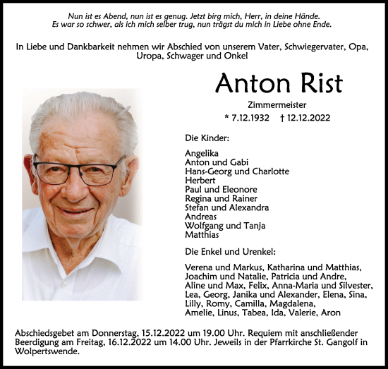 Traueranzeigen Von Anton Rist Schwaebische De Trauerportal