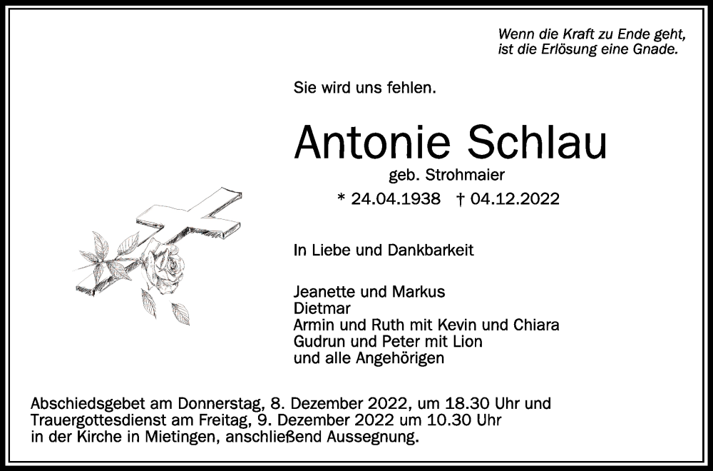  Traueranzeige für Antonie Schlau vom 07.12.2022 aus Schwäbische Zeitung