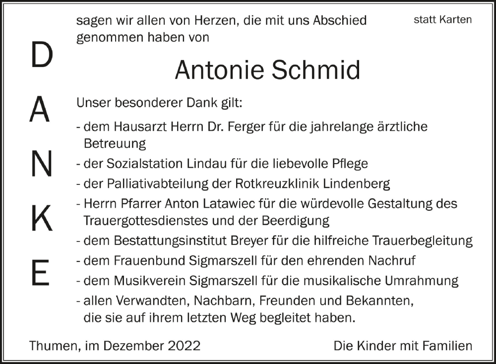  Traueranzeige für Antonie Schmid vom 10.12.2022 aus Schwäbische Zeitung