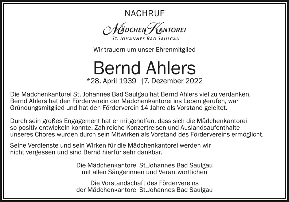  Traueranzeige für Bernd Ahlers vom 16.12.2022 aus Schwäbische Zeitung