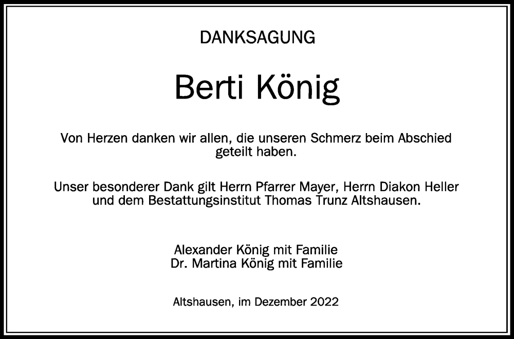  Traueranzeige für Berti König vom 14.12.2022 aus Schwäbische Zeitung
