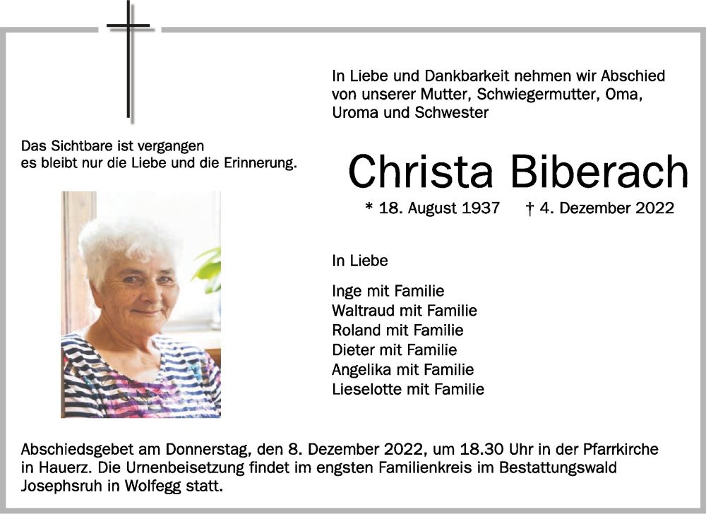  Traueranzeige für Christa Bieberach vom 07.12.2022 aus Schwäbische Zeitung