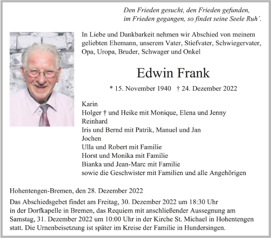 Anzeige von Edwin Frank von Schwäbische Zeitung