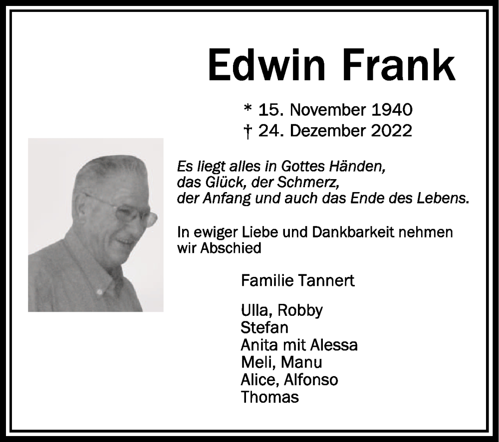  Traueranzeige für Edwin Frank vom 29.12.2022 aus Schwäbische Zeitung