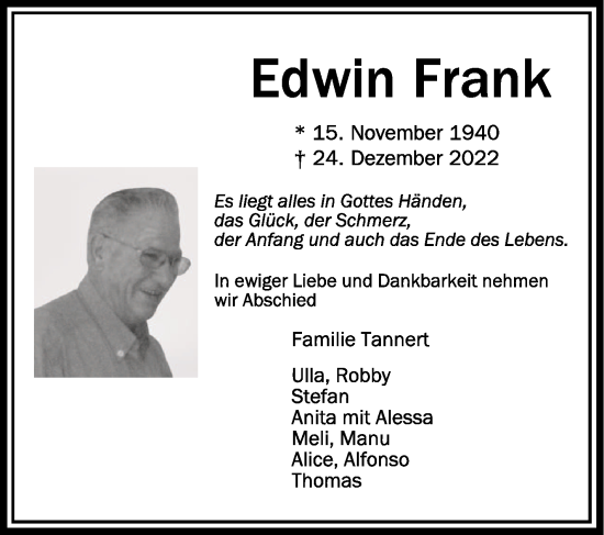 Anzeige von Edwin Frank von Schwäbische Zeitung