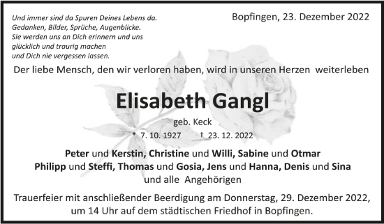 Anzeige von Elisabeth Gangl von Schwäbische Zeitung