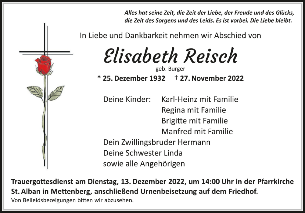  Traueranzeige für Elisabeth Reisch vom 07.12.2022 aus Schwäbische Zeitung