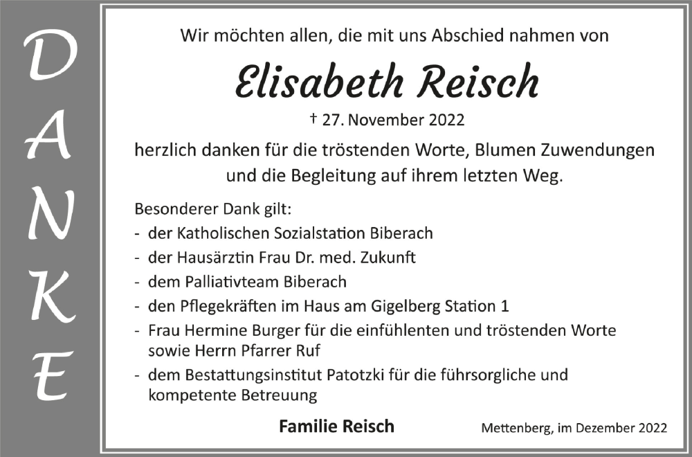  Traueranzeige für Elisabeth Reisch vom 24.12.2022 aus Schwäbische Zeitung