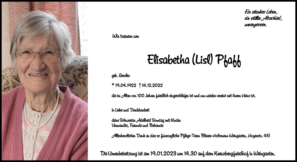  Traueranzeige für Elisabetha Pfaff vom 30.12.2022 aus Schwäbische Zeitung