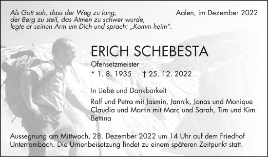 Anzeige von Erich Schebesta von Schwäbische Zeitung