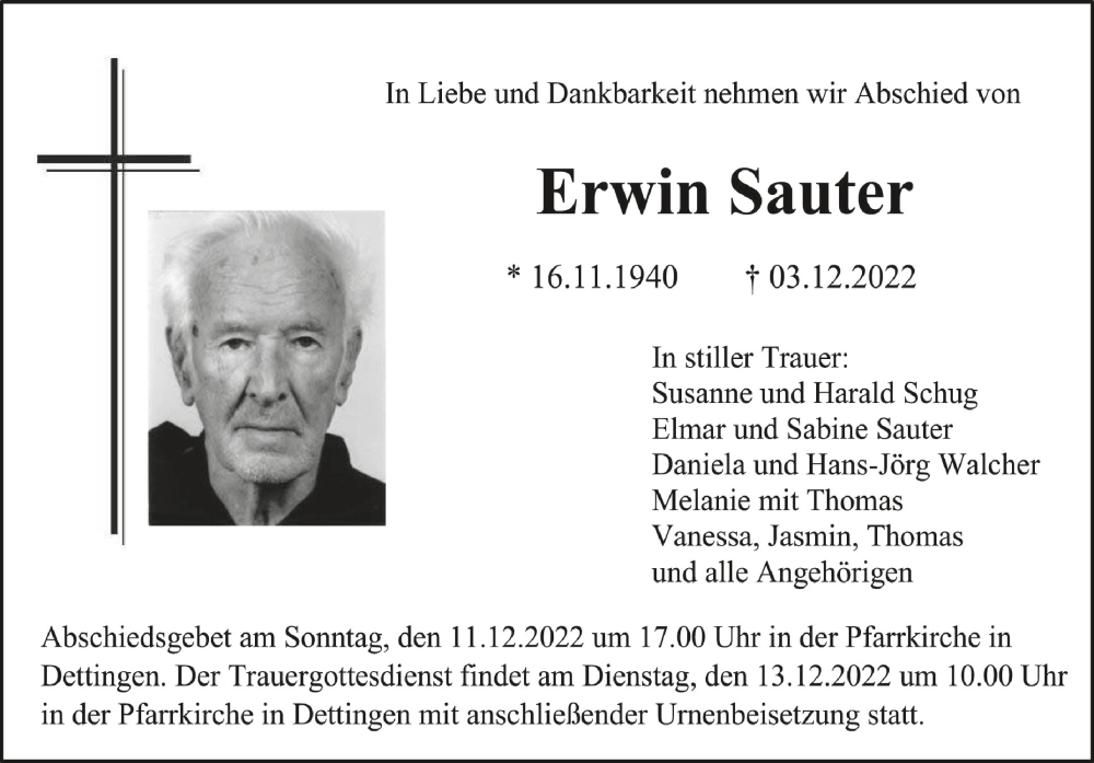  Traueranzeige für Erwin Sauter vom 08.12.2022 aus Schwäbische Zeitung