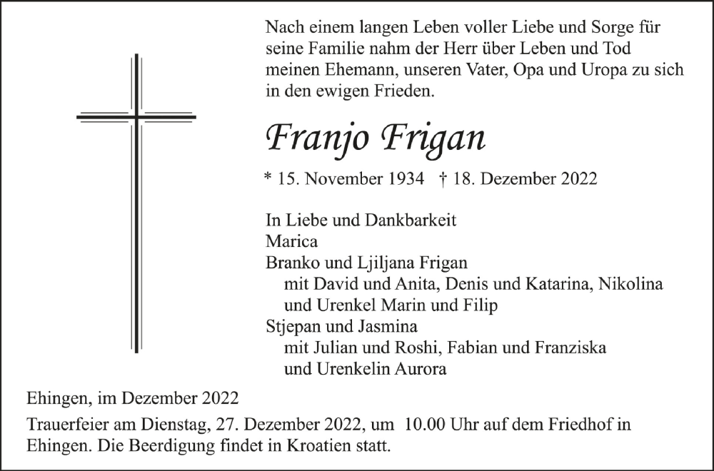  Traueranzeige für Franjo Frigan vom 23.12.2022 aus Schwäbische Zeitung