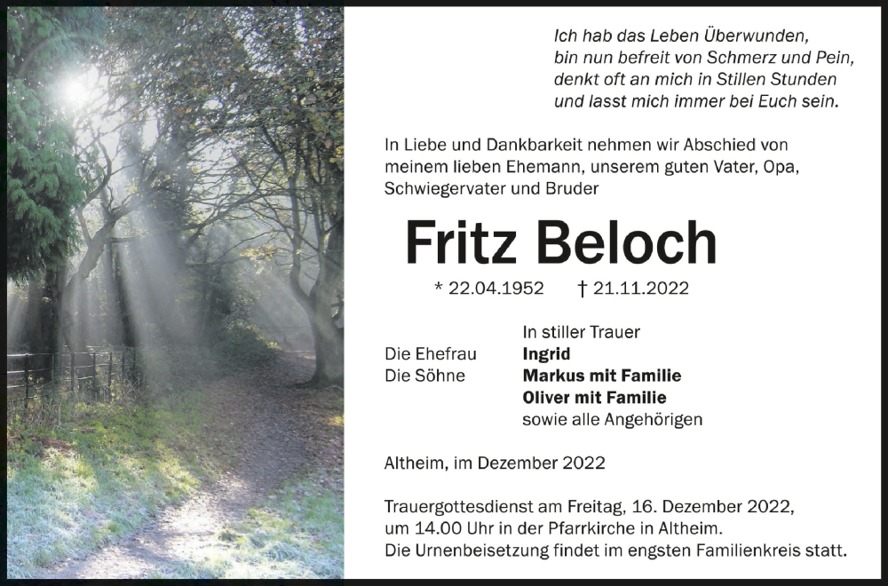  Traueranzeige für Fritz Beloch vom 13.12.2022 aus Schwäbische Zeitung