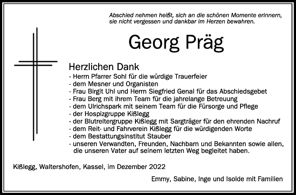  Traueranzeige für Georg Präg vom 10.12.2022 aus Schwäbische Zeitung