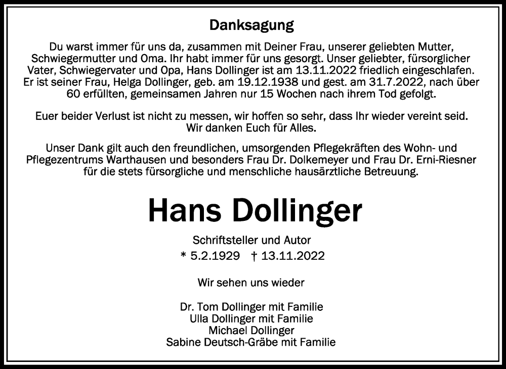  Traueranzeige für Hans Dollinger vom 03.12.2022 aus Schwäbische Zeitung