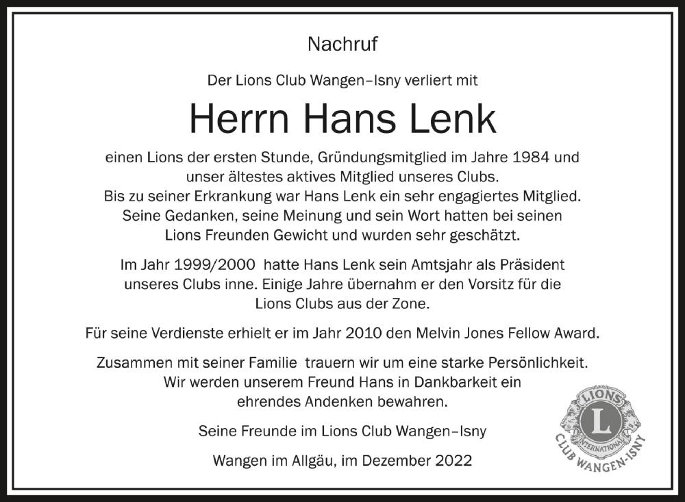  Traueranzeige für Hans Lenk vom 29.12.2022 aus Schwäbische Zeitung