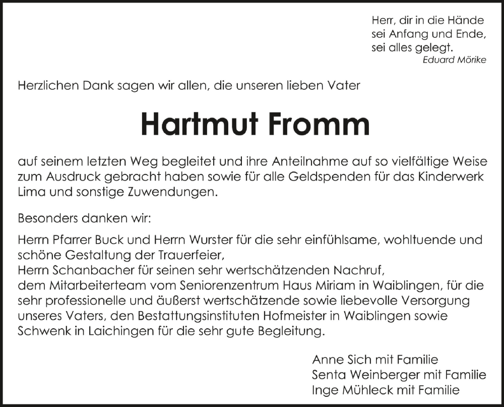  Traueranzeige für Hartmut Fromm vom 17.12.2022 aus Schwäbische Zeitung