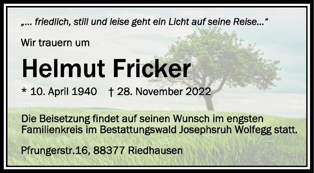  Traueranzeige für Helmut Fricker vom 07.12.2022 aus Schwäbische Zeitung