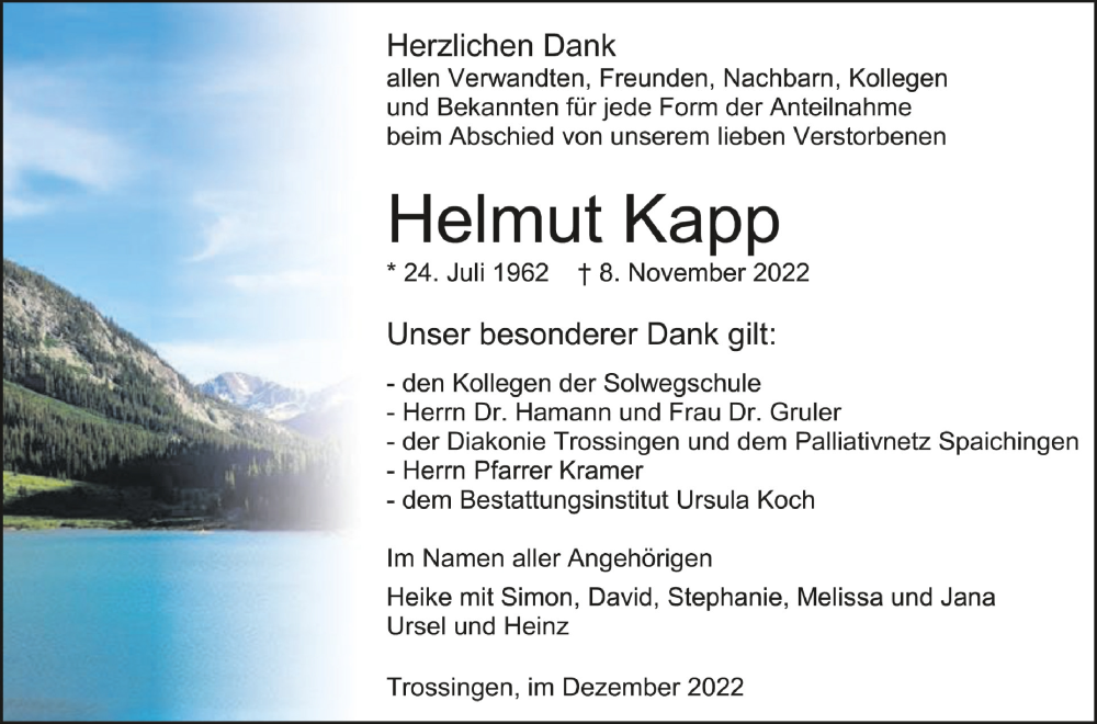  Traueranzeige für Helmut Kapp vom 02.12.2022 aus Schwäbische Zeitung