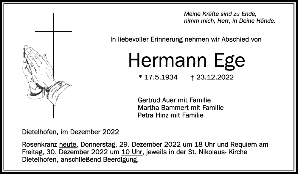  Traueranzeige für Hermann Ege vom 29.12.2022 aus Schwäbische Zeitung