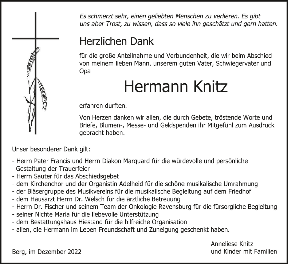  Traueranzeige für Hermann Knitz vom 17.12.2022 aus Schwäbische Zeitung
