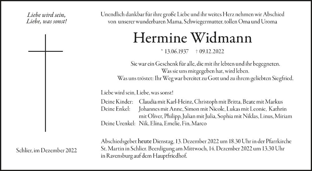  Traueranzeige für Hermine Widmann vom 13.12.2022 aus Schwäbische Zeitung