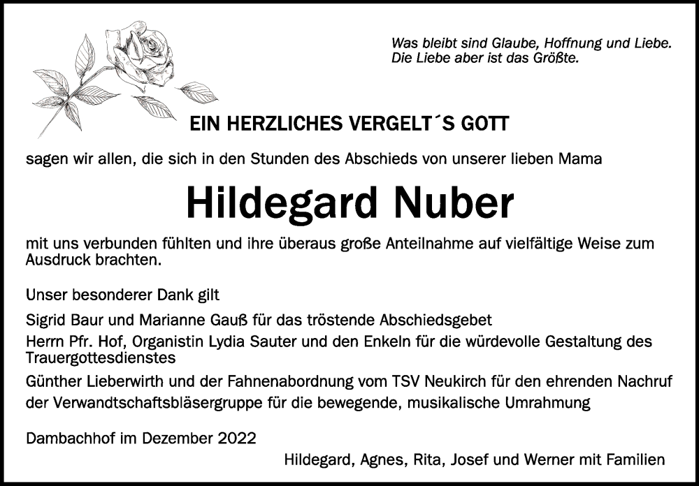  Traueranzeige für Hildegard Nuber vom 02.12.2022 aus Schwäbische Zeitung