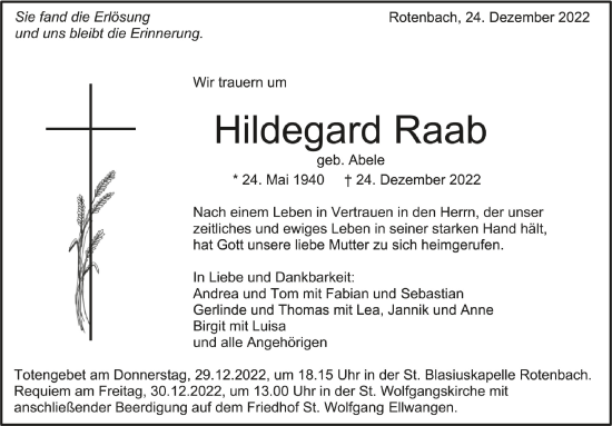 Anzeige von Hildegard Raab von Schwäbische Zeitung