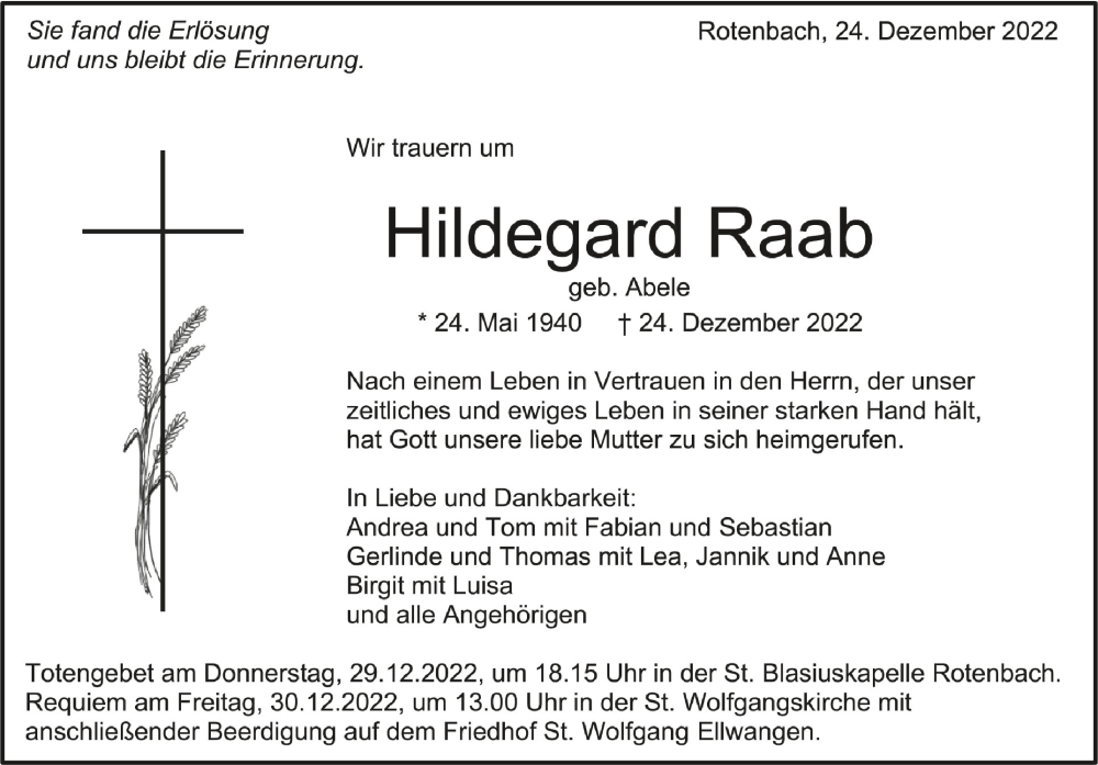  Traueranzeige für Hildegard Raab vom 28.12.2022 aus Schwäbische Zeitung