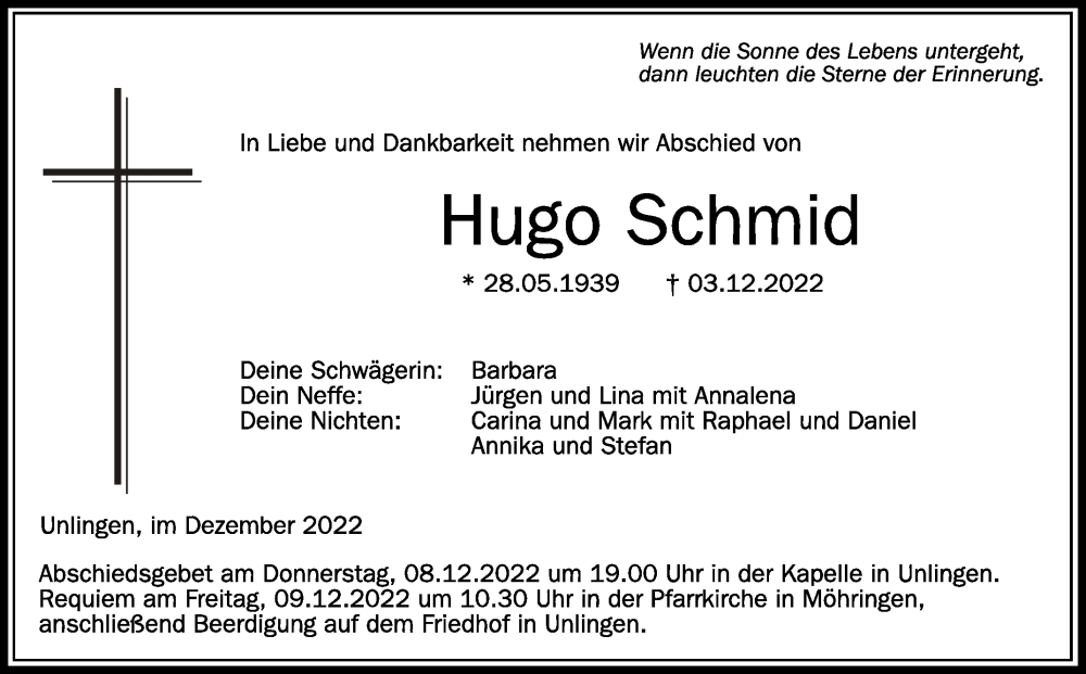  Traueranzeige für Hugo Schmid vom 07.12.2022 aus Schwäbische Zeitung