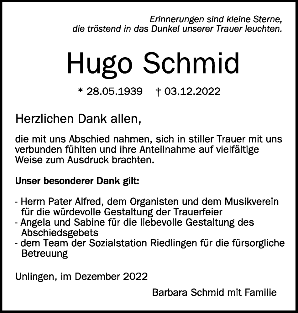  Traueranzeige für Hugo Schmid vom 24.12.2022 aus Schwäbische Zeitung