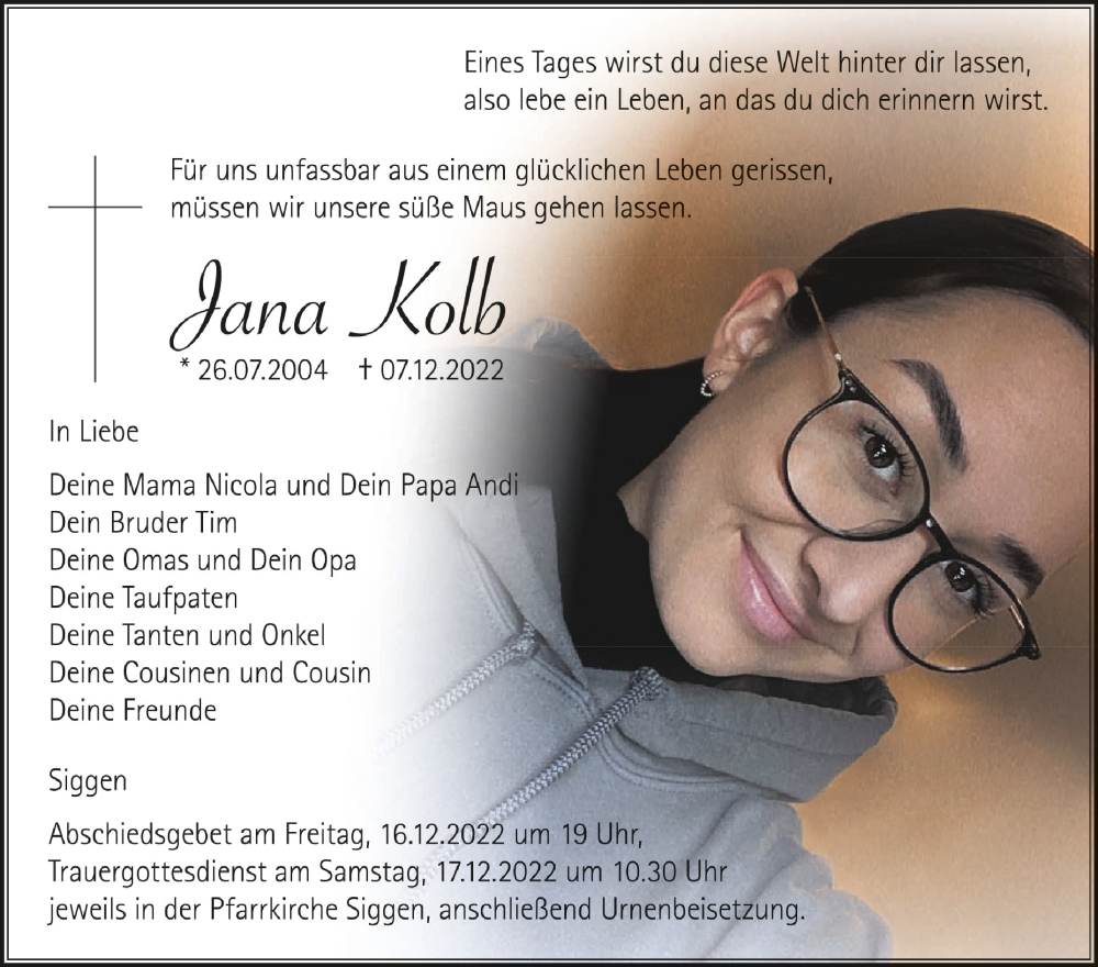  Traueranzeige für Jana Kolb vom 14.12.2022 aus Schwäbische Zeitung