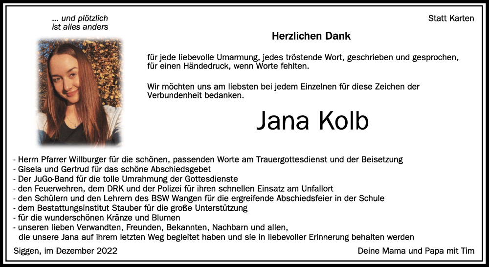  Traueranzeige für Jana Kolb vom 28.12.2022 aus Schwäbische Zeitung