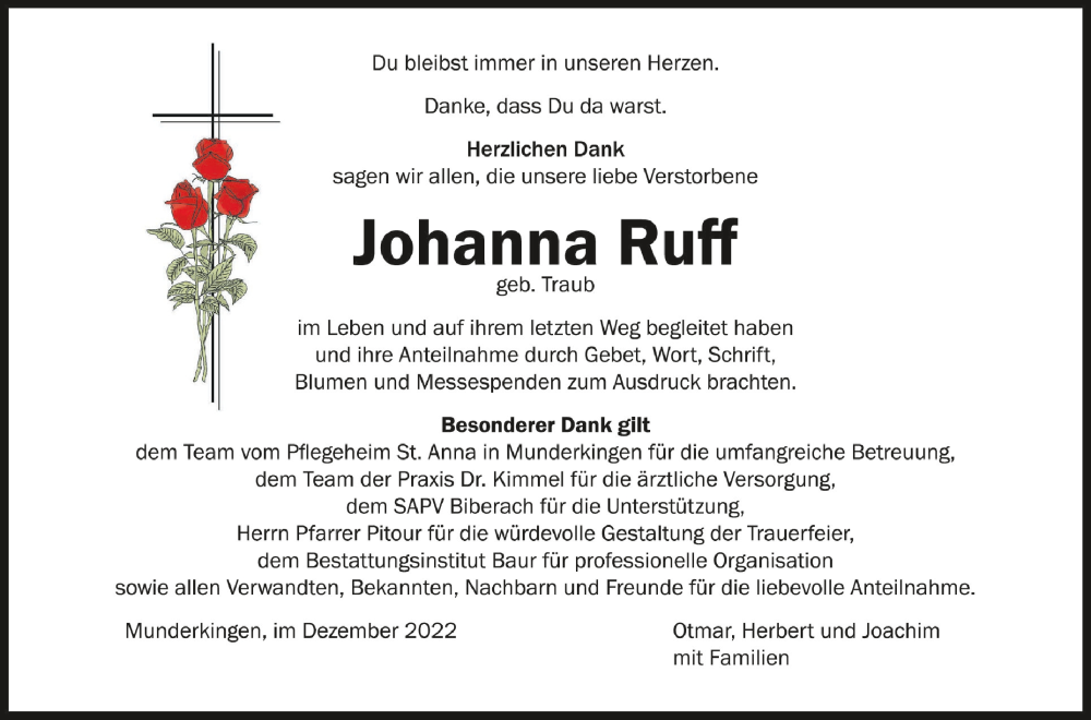  Traueranzeige für Johanna Ruff vom 03.12.2022 aus Schwäbische Zeitung