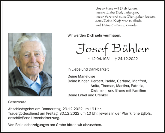 Anzeige von Josef Bühler von Schwäbische Zeitung