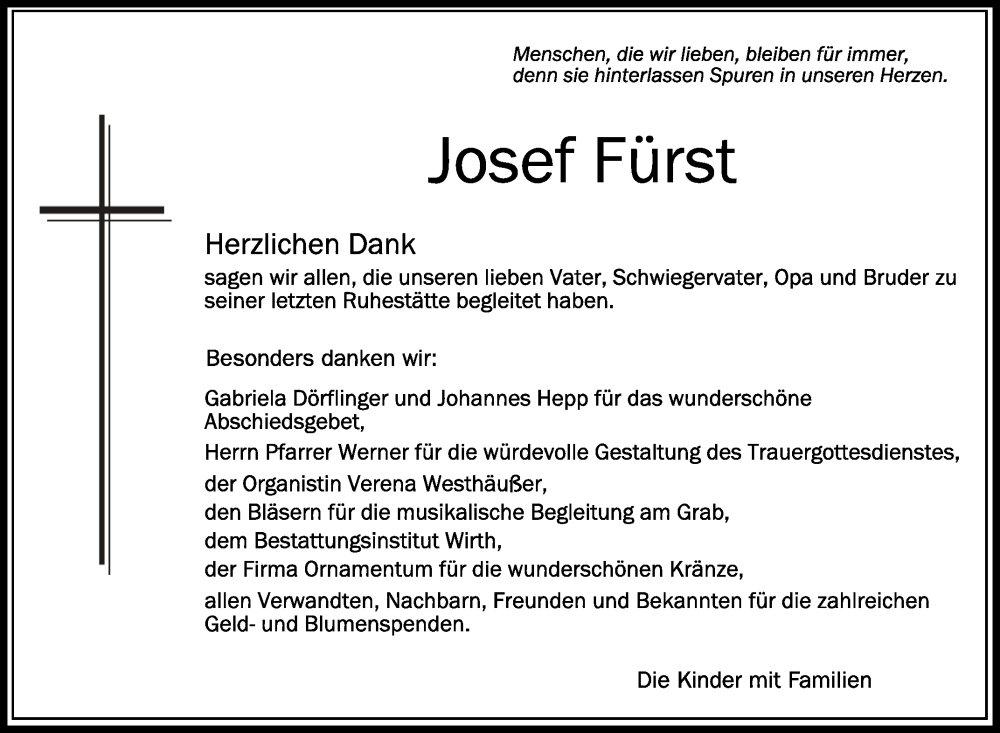  Traueranzeige für Josef Fürst vom 31.12.2022 aus Schwäbische Zeitung