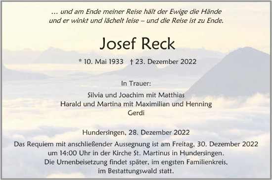 Anzeige von Josef Reck von Schwäbische Zeitung