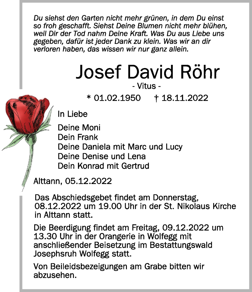  Traueranzeige für Josef David Röhr vom 05.12.2022 aus Schwäbische Zeitung