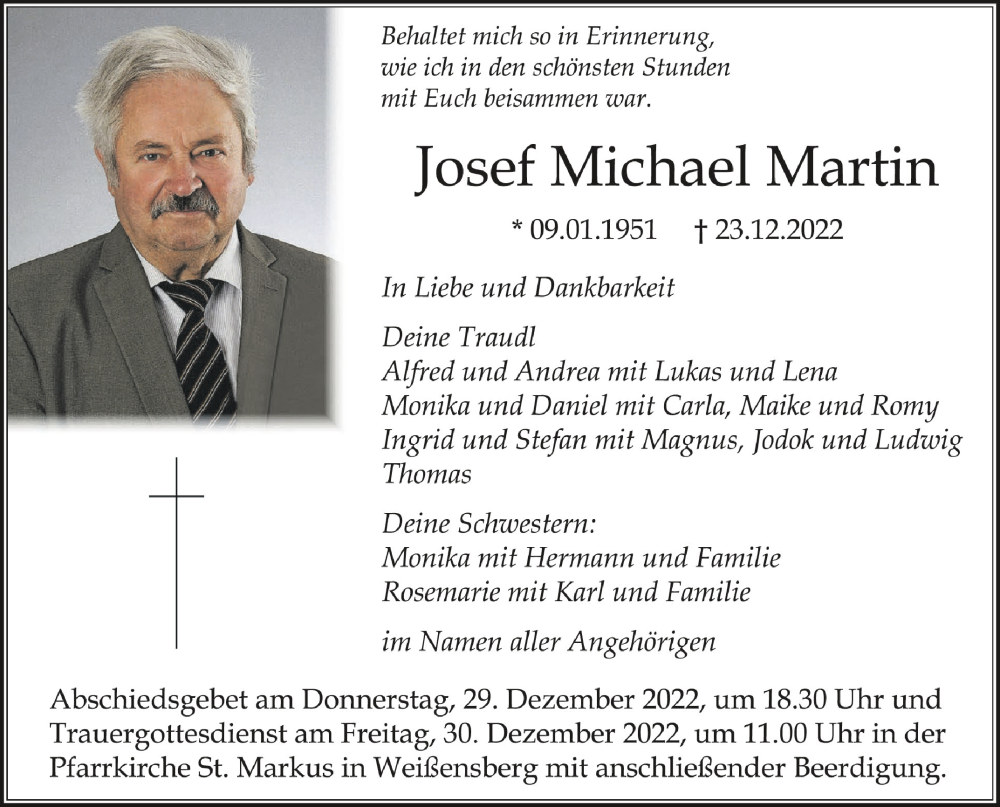  Traueranzeige für Josef Michael Martin vom 28.12.2022 aus Schwäbische Zeitung